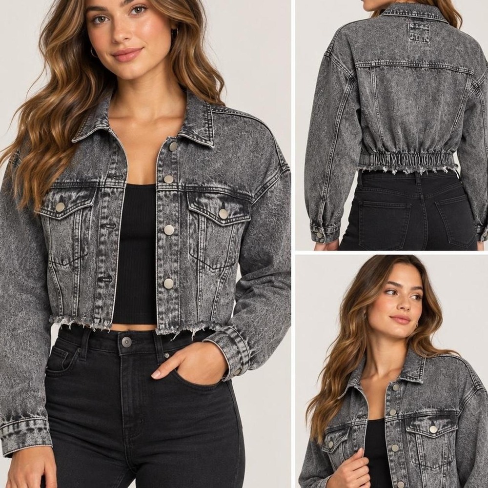 Highway Jeans Women's Small Black Gray Acid Wash Cropped Denim Jacket Frayed Hem